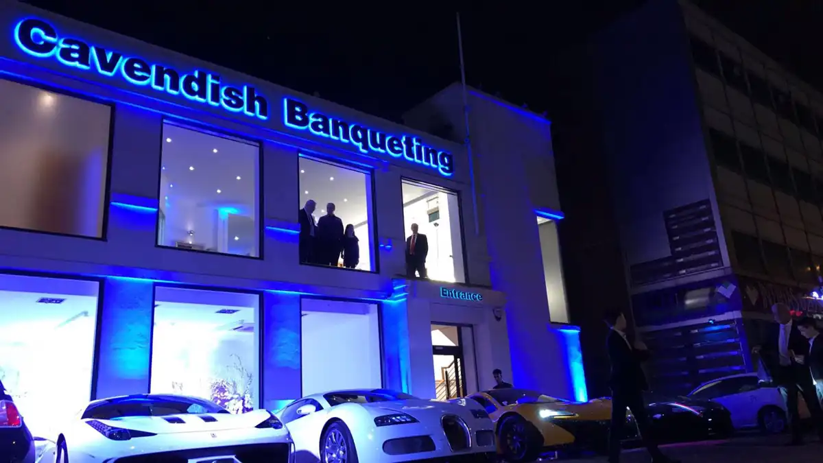 Cavendish entrance illuminated at night