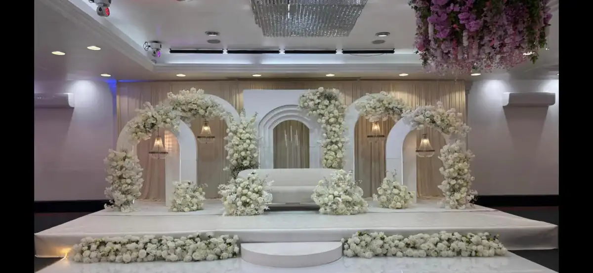 Wide view of the dressed wedding stage